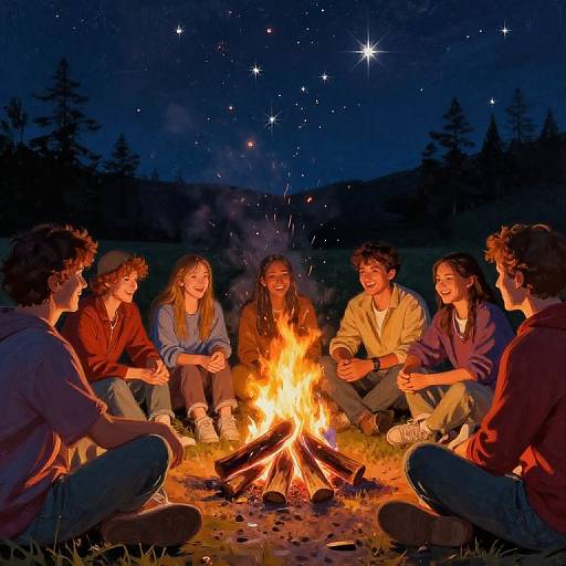 Photograph of six young adults, three men and three women, sitting around a glowing campfire at night, surrounded by stars and trees.