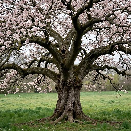 Photograph of a sturdy, wide-trunked tree with thick, dark branches adorned with pink cherry blossoms, standing in a lush, green grass