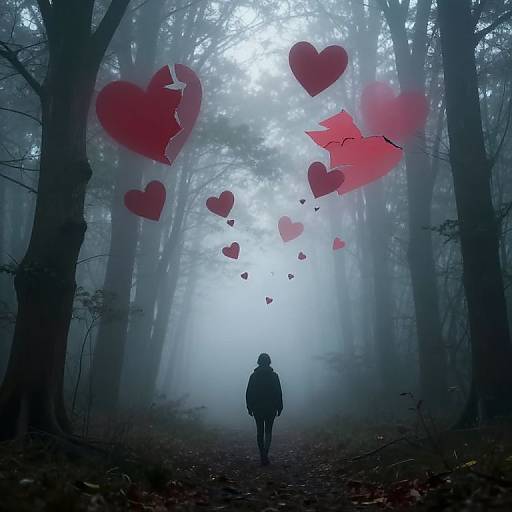Misty forest path with silhouetted figure walking, surrounded by floating, broken red hearts. Dark trees, foggy atmosphere. Digital art.