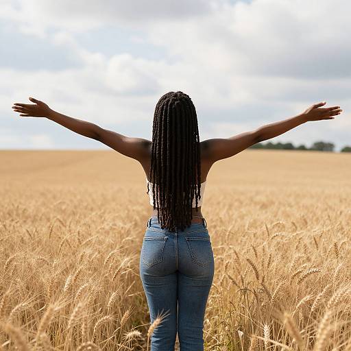 Photograph of a dark-skinned woman with long, braided hair, standing in a golden wheat field with arms outstretched, wearing tight blue