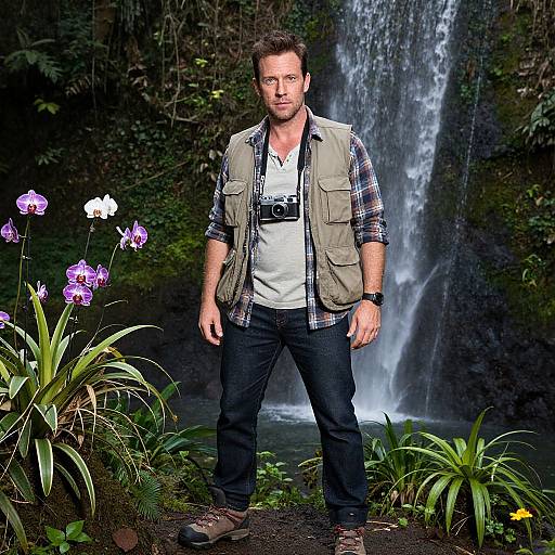 Photograph of a serious, bearded man in a plaid shirt, vest, and jeans, standing before a waterfall with purple orchids.