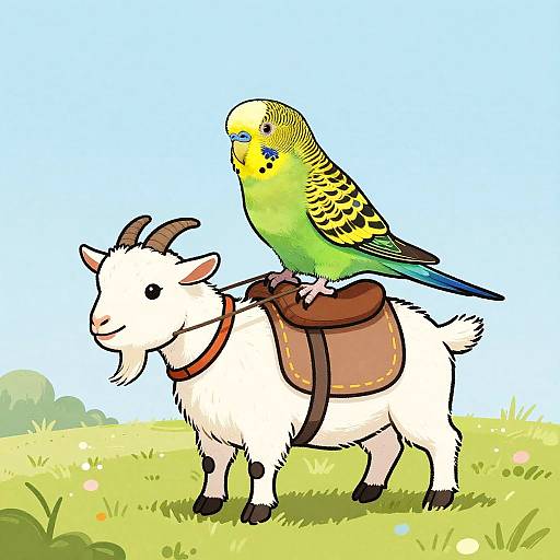 Parakeet Riding Goat with Saddle
