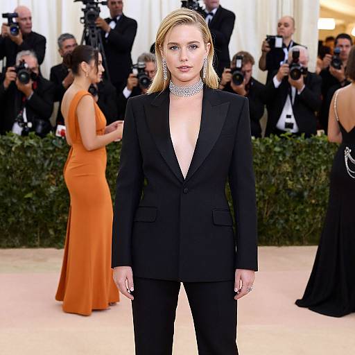 Photograph of a blonde woman in a black, deep V-neck suit and sparkling choker, standing on a red carpet with photographers and women in orange