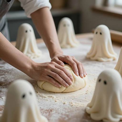 Photograph of hands rolling dough on a flour-covered countertop with several white ghost-shaped cookie cutouts surrounding them.