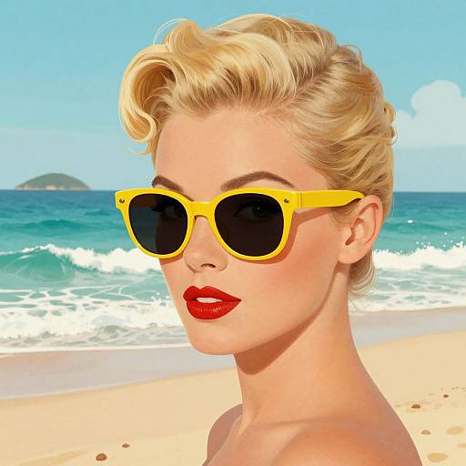 Digital artwork of a blonde woman with red lipstick, wearing yellow sunglasses, on a sunny beach with turquoise waves.
