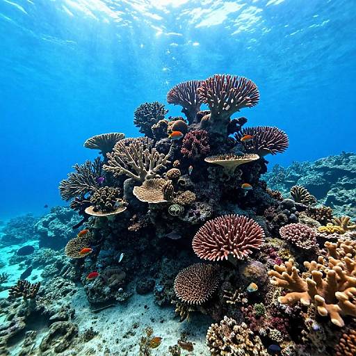 Photograph of vibrant underwater coral reef with blue sunlight filtering through, showcasing spiky coral, small orange fish, and diverse marine life.