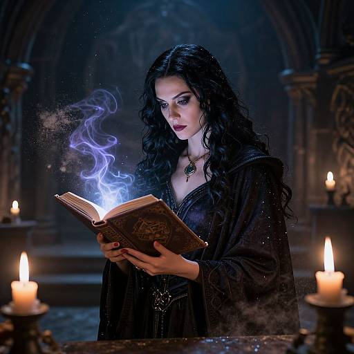 Photograph-like digital art of a dark-haired witch in a black robe, reading a glowing book with blue smoke, surrounded by candlelit, gothic