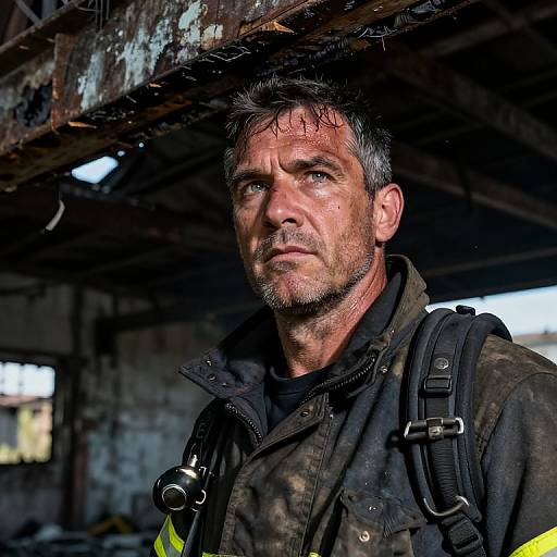 Photograph of a rugged, middle-aged man with gray hair and beard, wearing a dirty, black firefighter jacket and backpack, standing under a rusty,