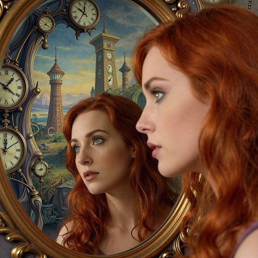 Photograph-like digital art: Red-haired woman with blue eyes gazes into ornate clock mirror, reflecting fantasy castle towers with clocks.