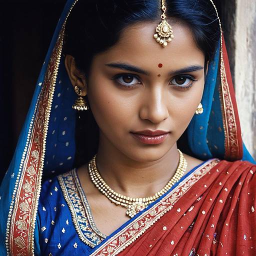 Close-up of Woman in Blue Red Sari