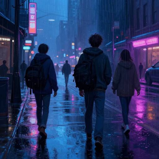 Digital artwork of a rainy, neon-lit city street at night. Three silhouetted figures walk away, wearing hooded coats, with vibrant
