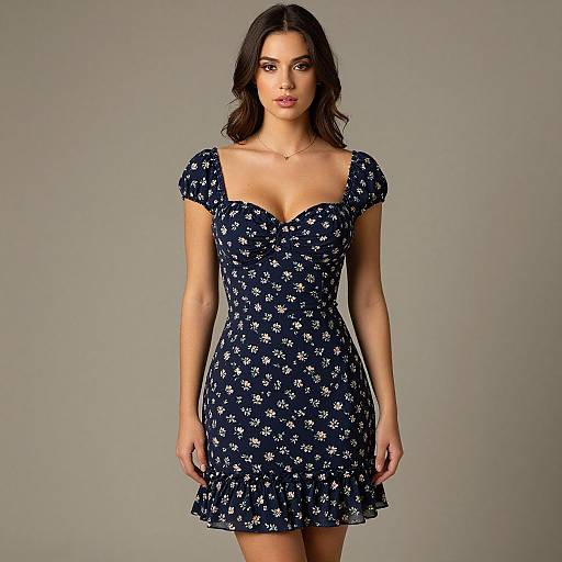 Photograph of a woman with medium skin tone and dark brown hair, wearing a navy blue, floral-patterned, short-sleeve, V-neck