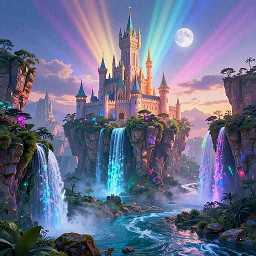 Digital fantasy artwork of a glowing, fairy-tale castle on a cliff, surrounded by colorful waterfalls, vibrant vegetation, and a radiant moonlit sky