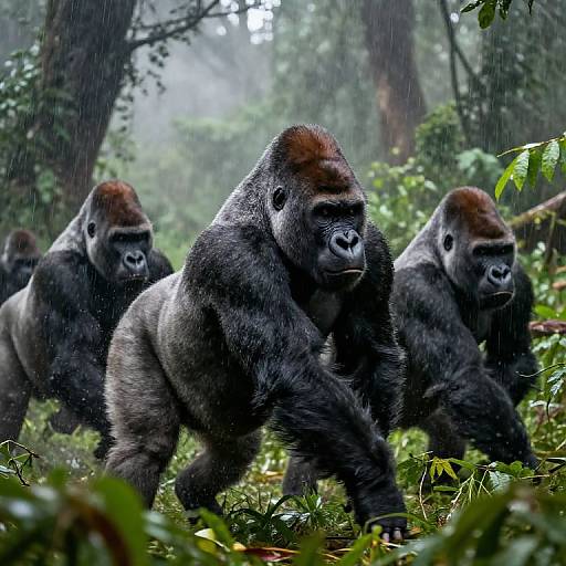 Photograph of four mountain gorillas with reddish-brown fur on their heads, walking through a misty, rainy forest. They have dark grey