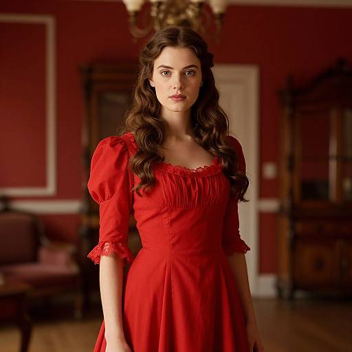 Photograph of a young woman with long, wavy brown hair, wearing a red Victorian-style dress, standing in a dimly lit, elegant red