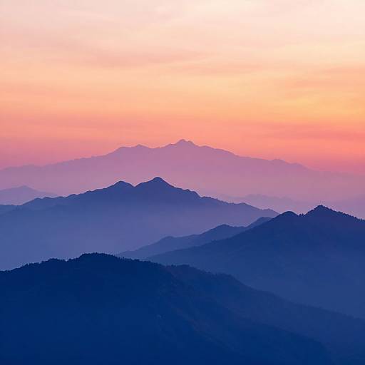 Photograph of layered mountain silhouettes in deep blue, transitioning to purple and pink hues in the sunset sky.