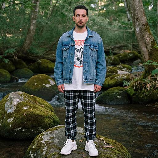 Photograph of a bearded man with short dark hair, wearing a denim jacket, white graphic tee, black plaid pants, and white sneakers,