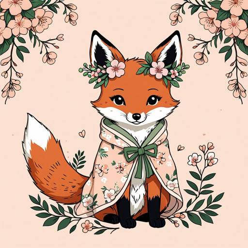 Whimsical Japanese Cartoon Fox with Blossoms