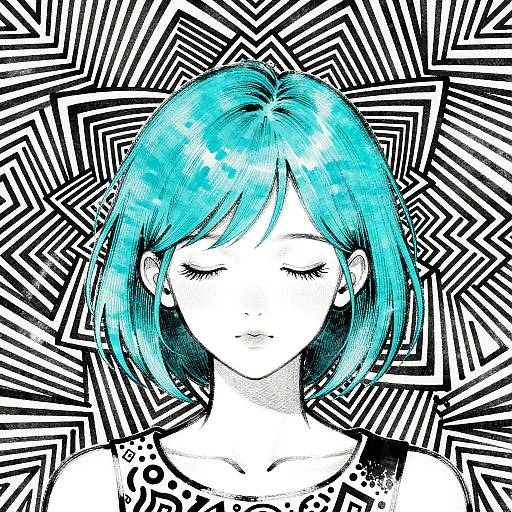 Turquoise-Haired Girl in Op Art Style