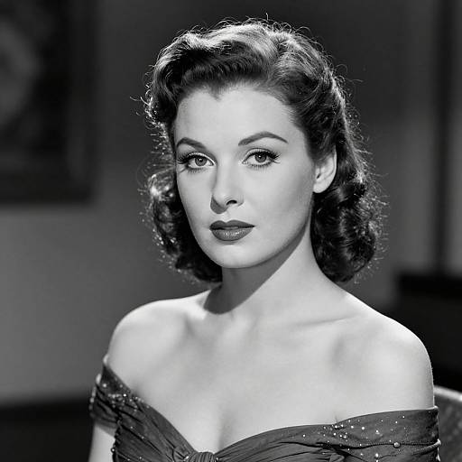 Black-and-white photograph of a 1940s-style woman with curled dark hair, wearing an off-shoulder, sparkly dress, looking directly