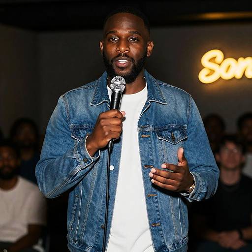Black Man Holding Microphone in Dim Room