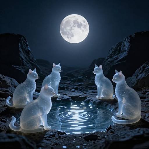 Photograph of five glowing, translucent white cats sitting around a moonlit water puddle, reflecting the bright full moon in a dark, mountainous night