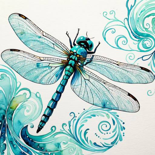 Cyan Watercolor Dragonfly with Vibrant Swirls