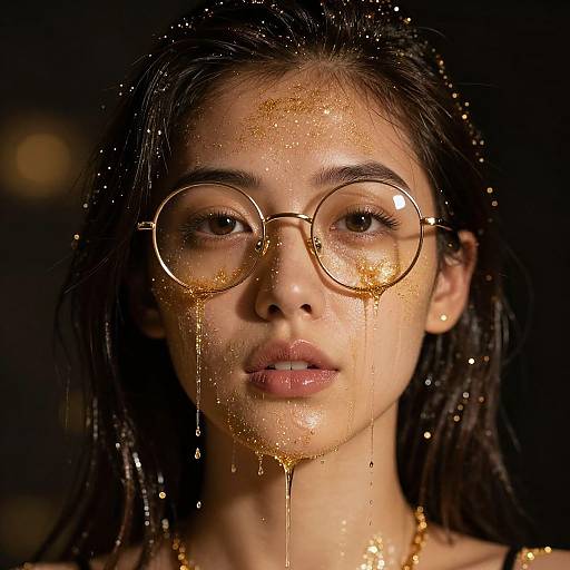 Photograph of a young woman with wet dark hair, round gold glasses, golden liquid dripping on her face against a black background.