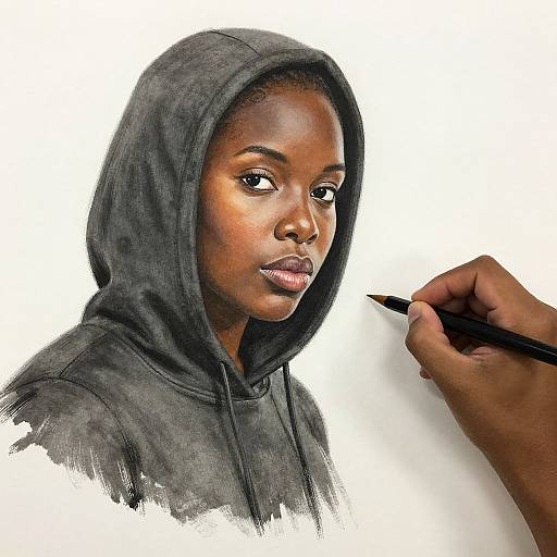 Photorealistic digital portrait of a young Black woman in a black hooded sweatshirt, being painted by a hand with a brush.