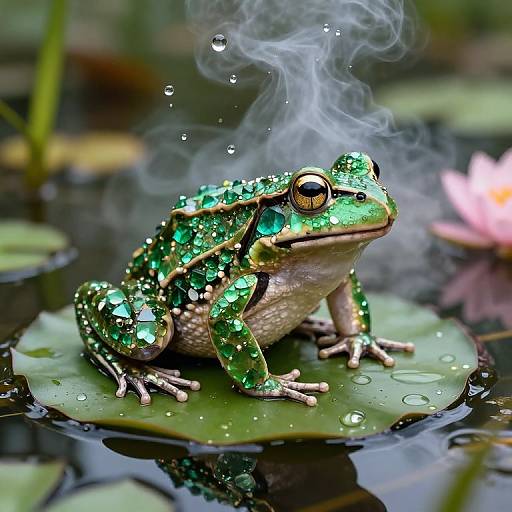 Photograph of a green, iridescent frog with water droplets, sitting on a lily pad, smoking with wisps of smoke, surrounded