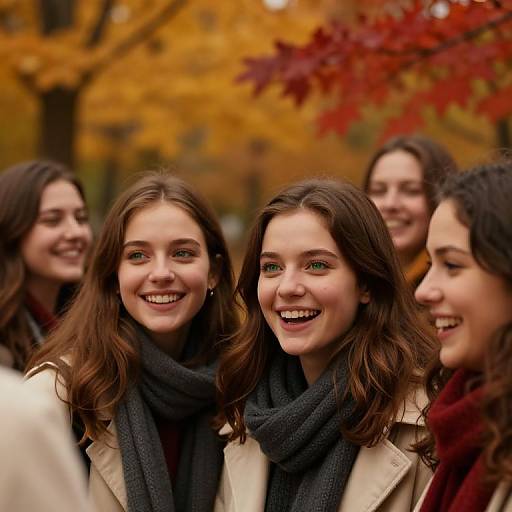 Photograph of four smiling young women with brown hair, wearing coats and dark scarves, standing in an autumn park with vibrant orange and red leaves.