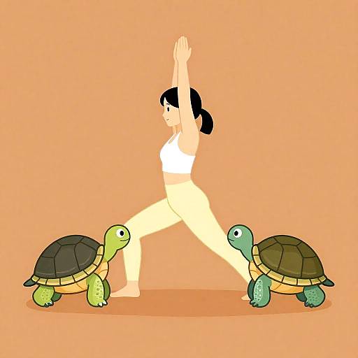 Cartoon Woman Doing Yoga with Two Turtles