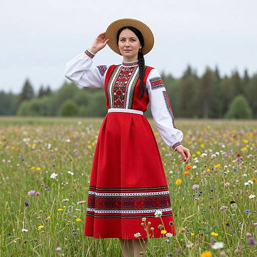 Photograph of a young woman in traditional Eastern European dress, standing in a colorful meadow, wearing a straw hat, white blouse, and red skirt
