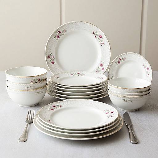 Photograph of a neatly arranged set of white floral-patterned china plates, bowls, cups, and silverware on a white tablecloth.