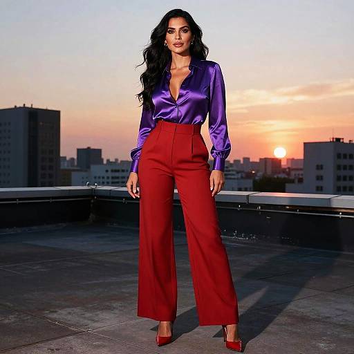 Photograph of a confident woman with long black hair, wearing a purple satin blouse and high-waisted red pants, standing on a rooftop at sunset