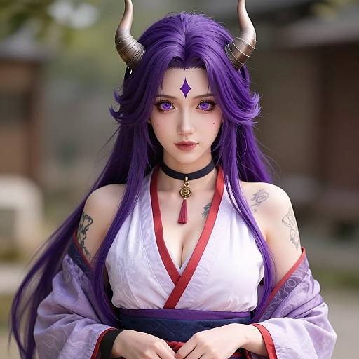 Digital art of a purple-haired woman with horns, wearing a white and red kimono, black choker, tattoos, and purple gem forehead ornament,