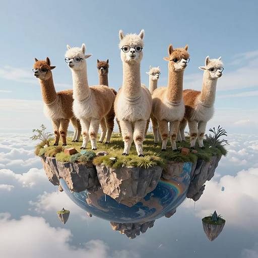 Digital illustration of six fluffy llamas standing on a floating, grassy cliff with a rainbow, surrounded by clouds and sky.
