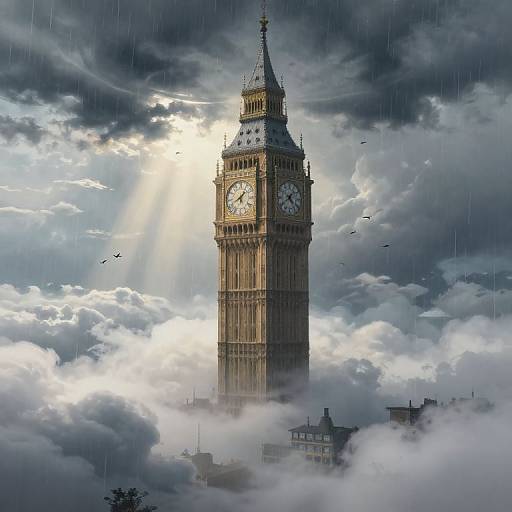 Digital artwork of London's Big Ben rising through dramatic, rain-filled clouds with sunlight piercing through, birds flying nearby. Dark, moody sky.