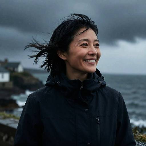 Happy Breton Fisherwoman in Stormy Coast