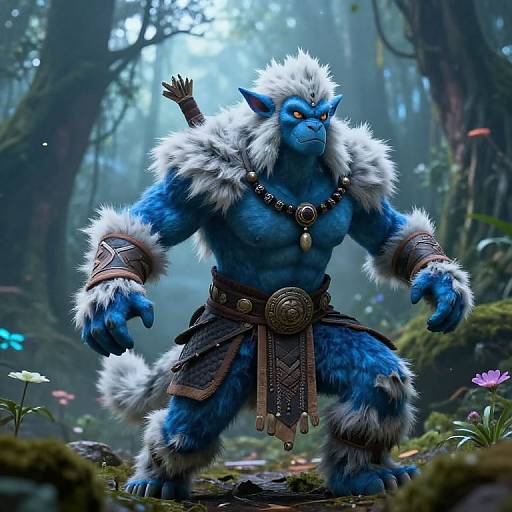 Digital artwork of a muscular, blue-furred, anthropomorphic wolf warrior with white fur accents, wearing tribal armor and a belt with a circular pendant,