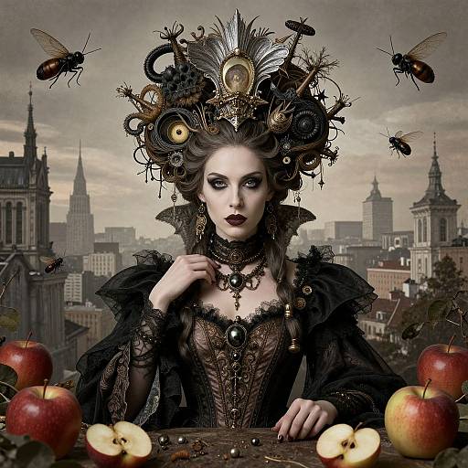 Steampunk-style photograph of a pale-skinned woman with dark hair, elaborate mechanical headdress, black lace dress, surrounded by apples, insects,