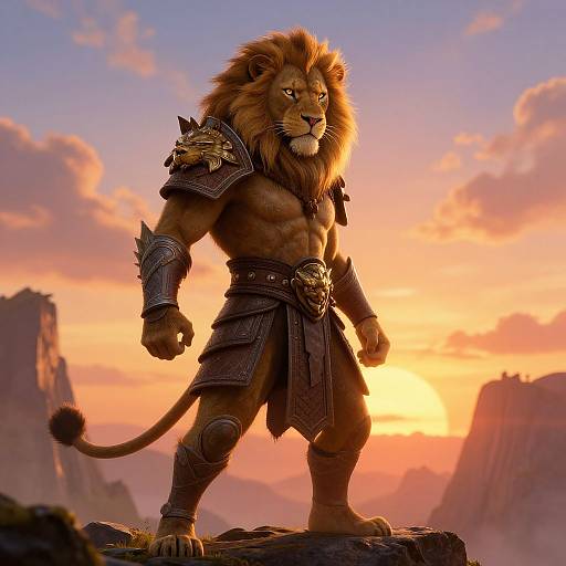 Digital artwork of a muscular, anthropomorphic lion warrior with a golden mane, wearing metallic armor and a dark leather loincloth, standing on a rock