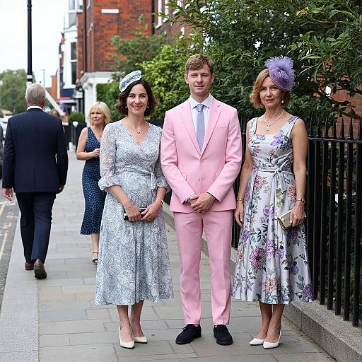Photograph of a young couple in pink and floral dresses, matching hats, standing on a sidewalk with two older women in the background. Urban setting with