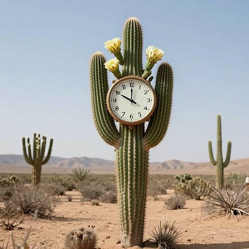 Photograph of a desert scene with a cactus adorned with a round clock and yellow flowers, set against a clear blue sky.