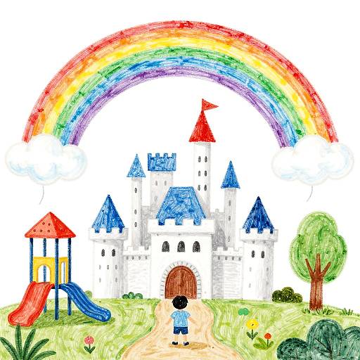Colorful drawing of a child in front of a blue and white castle with red roofs, under a vibrant rainbow, next to a playground and tree.