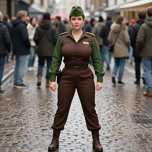 Photorealistic CGI of a serious female park ranger in green uniform, brown pants, and boots, standing on a wet, cobblestone street amidst