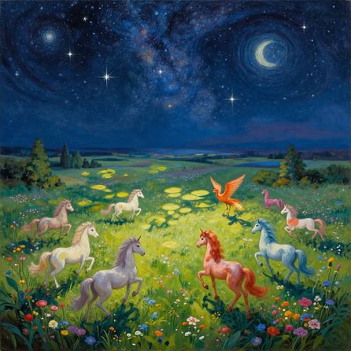 Vibrant digital painting of colorful unicorns and a winged red dragon in a luminous, starry night meadow, surrounded by flowers and