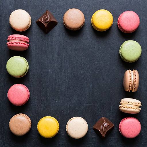 Photograph of colorful macarons and chocolates arranged in a rectangular frame on a dark textured surface. Macarons in pink, green, red,