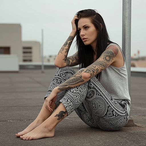 Tattooed Woman on Urban Rooftop