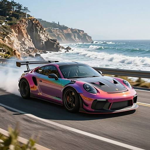 Photograph of a vivid purple and pink Porsche 911 GT3 speeding along a coastal road with rocky cliffs and ocean waves.